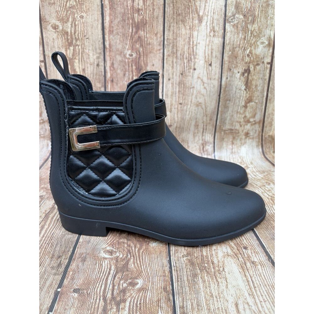 Henry Ferrera Black Rubber Chelsea Ankle Rain Boots Buckle Quilted Round Toe 8